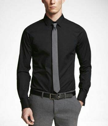 black shirt grey pants tie.